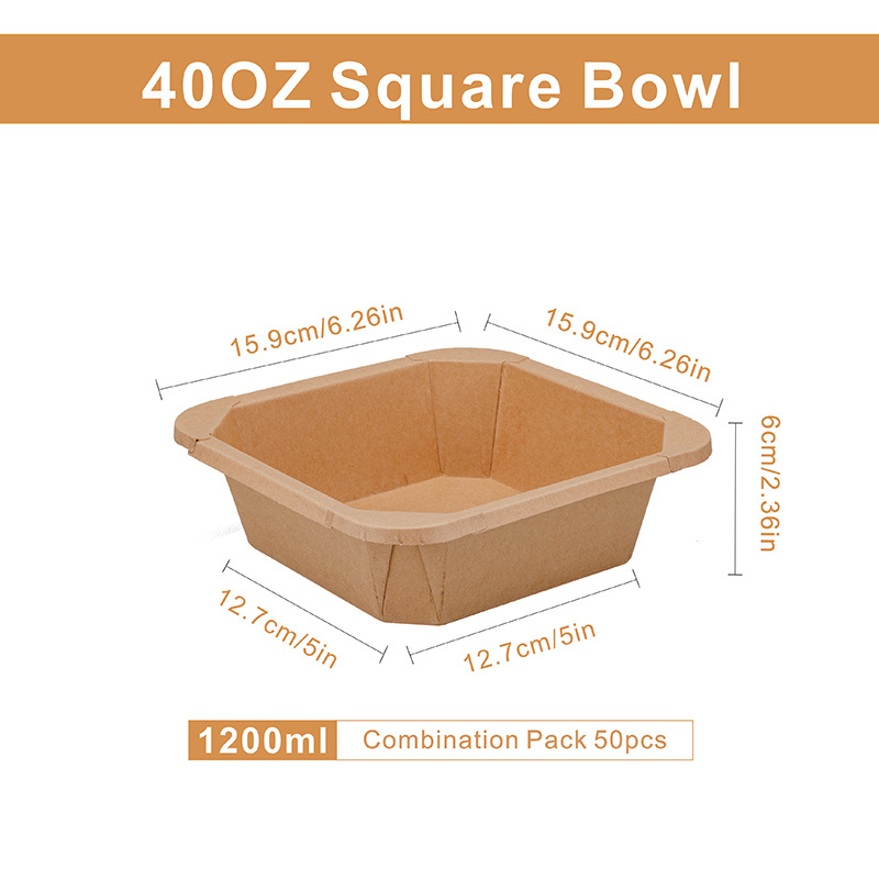 10-40oz Kraft Paper Square Bowl with Lids