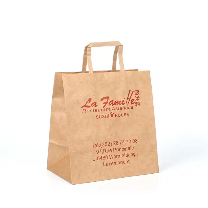 Wholesales Custom Logo Printed Recycled Packaging Shopping Bag Kraft Paper Bag with Flat Handles 